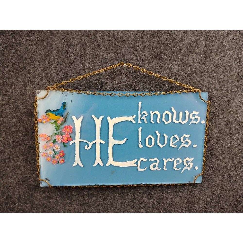 Vintage Glass Hand Painted Mennonite Amish Christian Religious Sign Blue w Bird